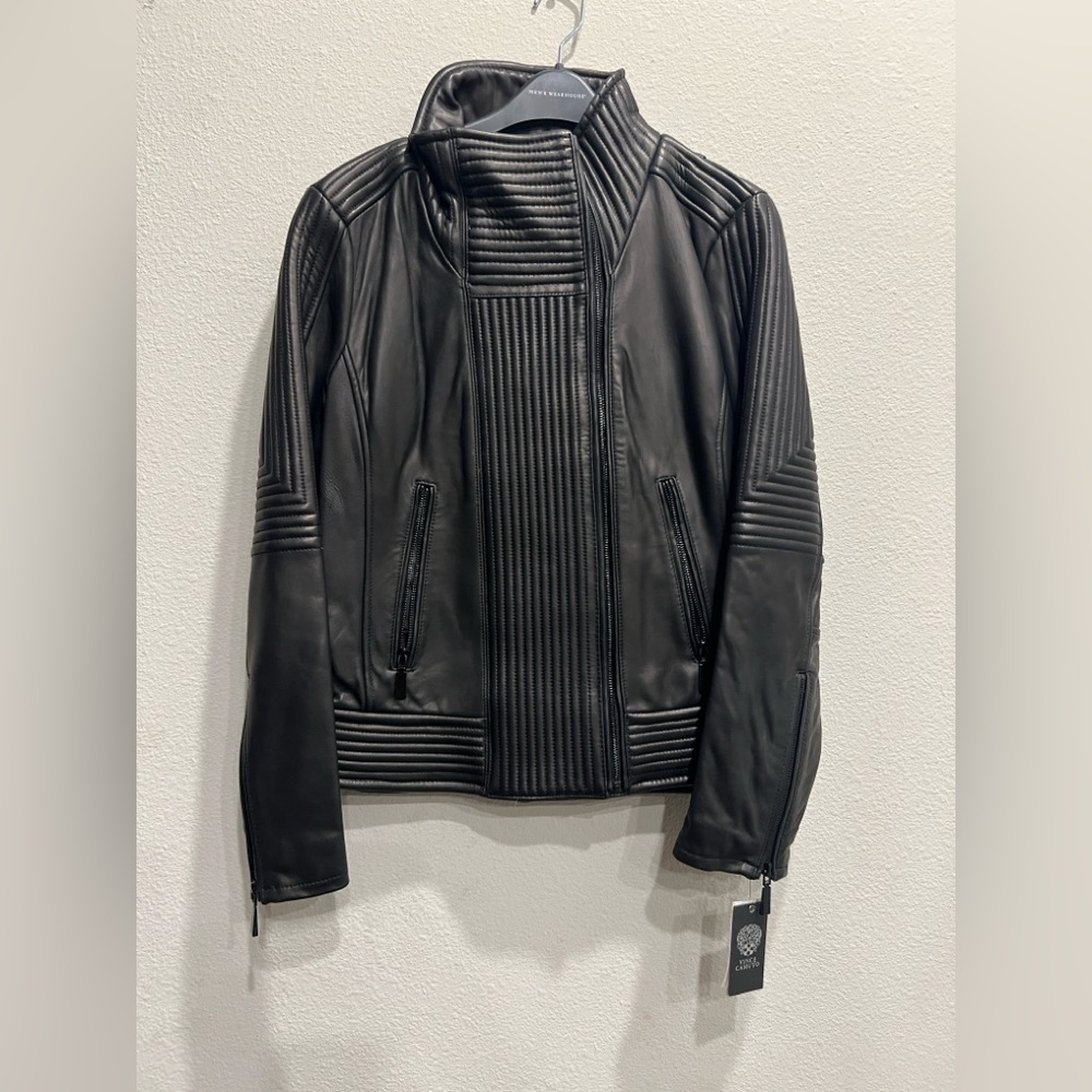 Vince Camuto Black Genuine Lambskin Quilted Leather Moto Jacket Size Large - Picture 3 of 15